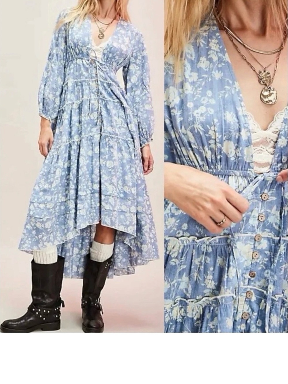 Free People Pale Blue Floral Tiered Maxi Dress